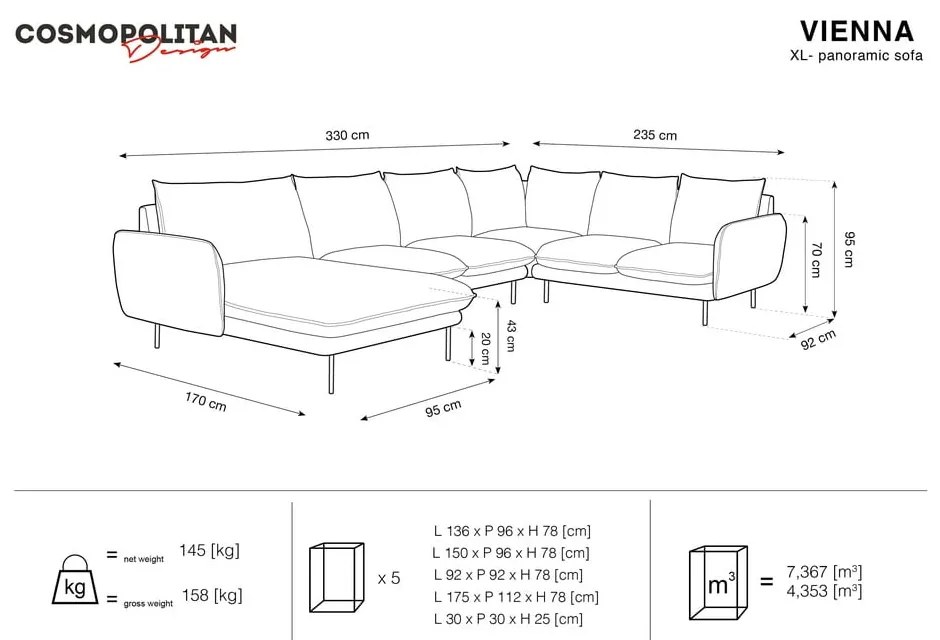 Jasnoszara sofa w kształcie litery U Cosmopolitan Design Vienna, prawostronna