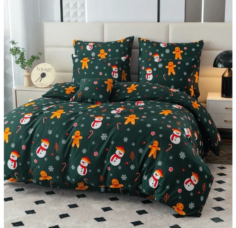 PrzytulneMieszkanie.pl PrzytulneMieszkanie.pl Prześcieradła z mikrofibry SNOWMAN AND GINGERBREAD w kolorze zielonym Rozmiar pościeli: 2 szt 70 x 90 cm | 200 x 220 cm
