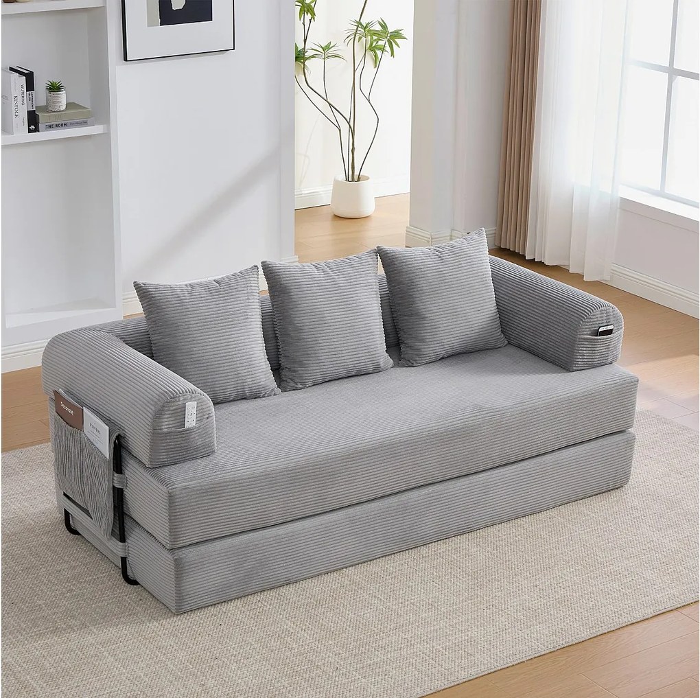 Sofa 3-osobowa rozkładana - 200 x 94 x 67 cm - z kieszeniami bocznymi + 3 poduszki - welur - jasnoszary