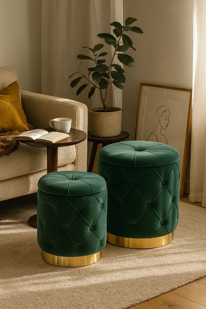 Komplet puf ze schowkiem  zieleńH8-P10