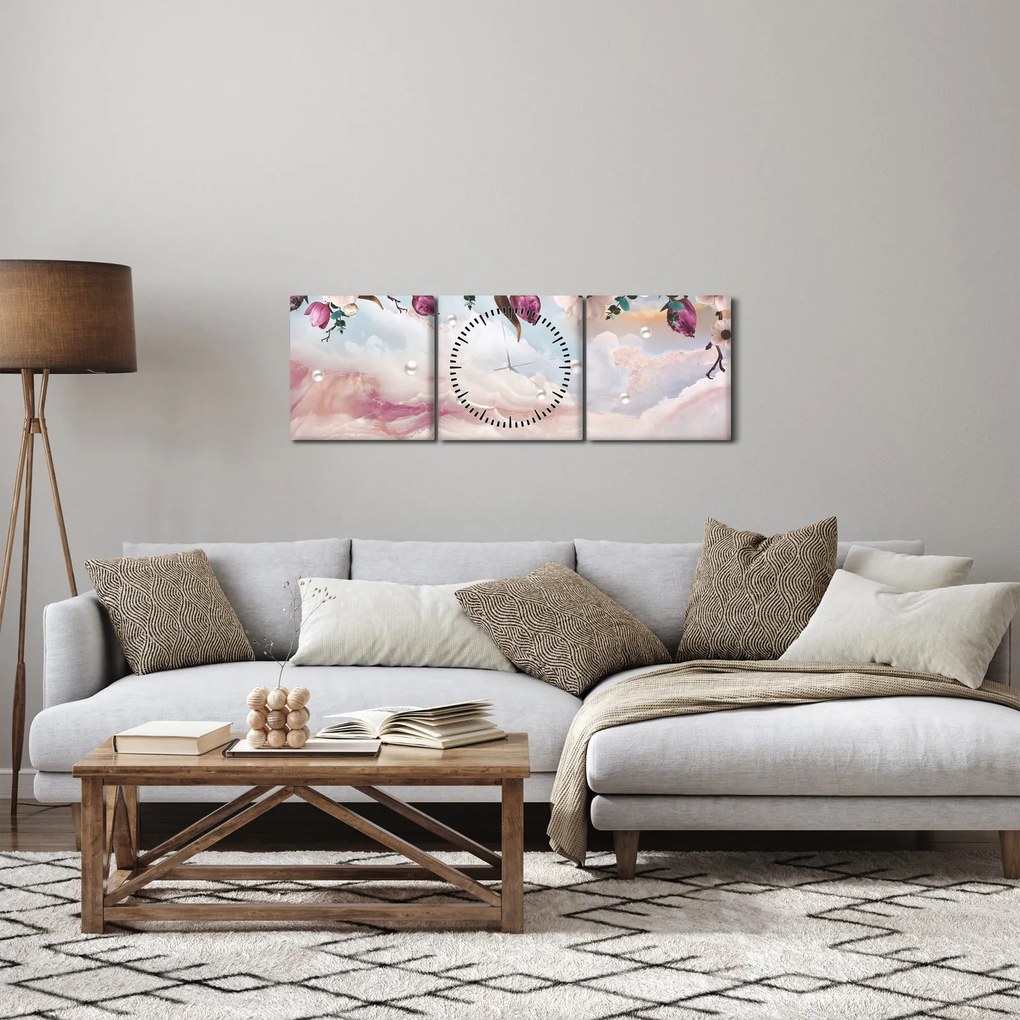Obraz różowych kwiatów z różowym marmurem (z zegarem) (90x30 cm)