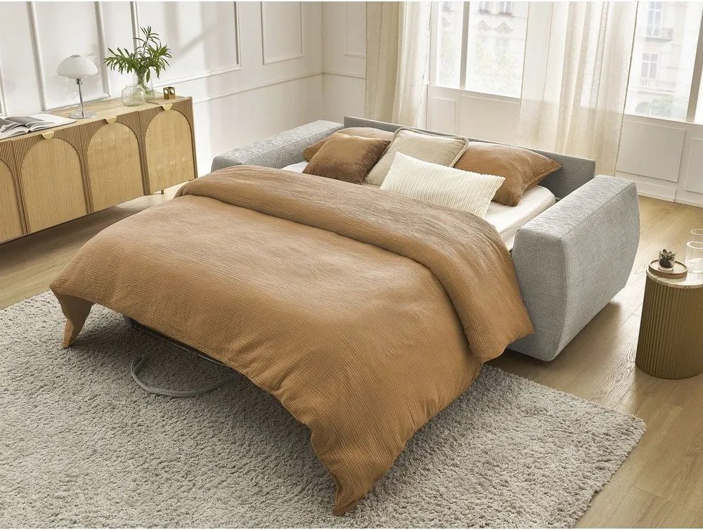 Beżowa rozkładana sofa do spania z tkaniny szenilowej 240 cm Hugo – Bobochic Paris