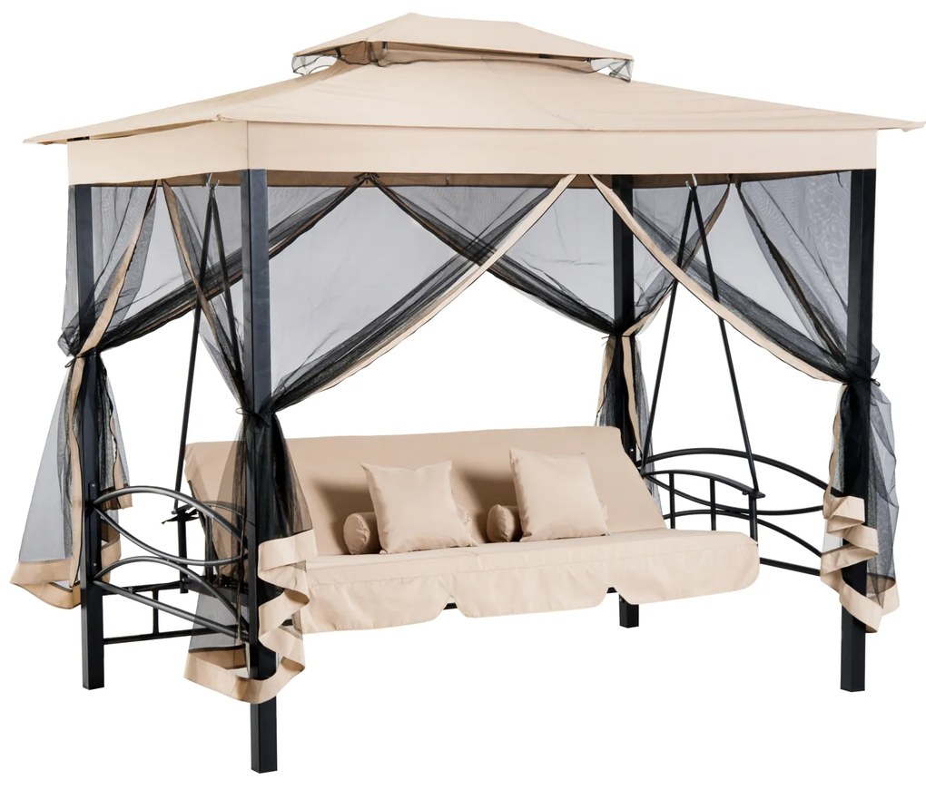 Outsunny Huśtawka ogrodowa 3-osobowa z moskitierą i daszkiem przeciwsłonecznym beżowa | Aosom PL