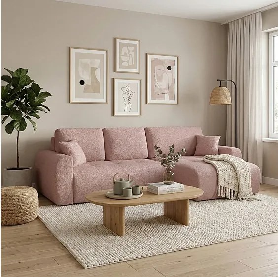 Stylowy narożnik rozkładany prawostronny  IVO XL 280x142 cm w tkaninie CENTAUR 5 pudrowy róż