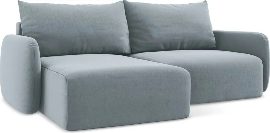 Niebieski aksamitny rozkładany narożnik ze schowkiem (lewostronny/z szezlongiem) Kalena – Makamii