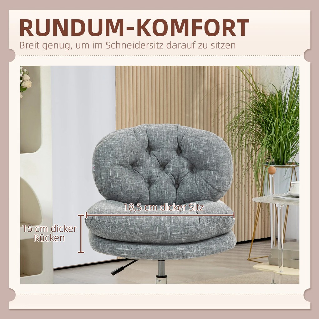 HOMCOM Fotel biurowy bez podłokietników krzesło do biurka obrotowe regulowana wysokość tapicerowane szare do komputera pracy 65x65x84~94 cm | Aosom PL