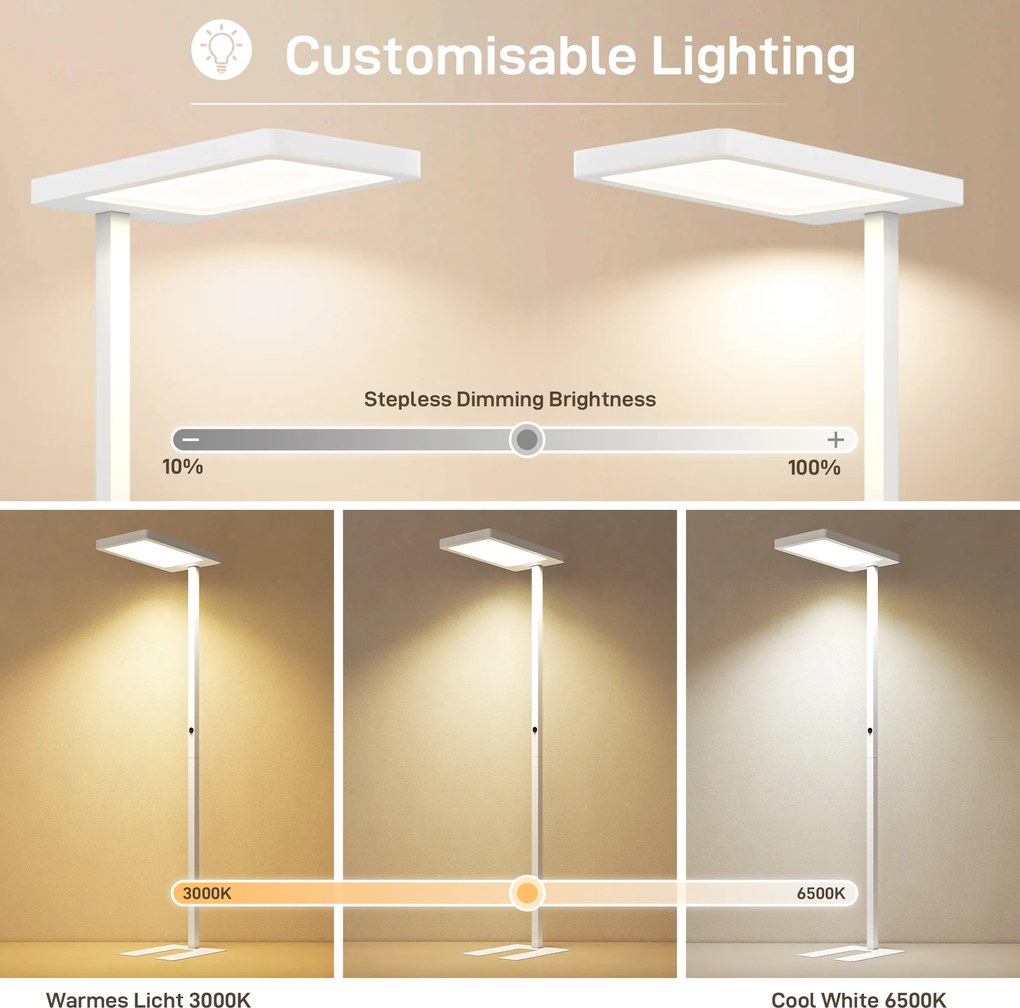 HOMCOM Lampa stojąca LED, łagodne dla oczu światło, lampa podłogowa z pilotem, regulacja jasności, tworzywo sztuczne, metal, biały