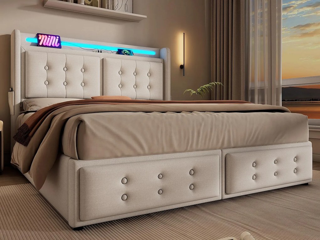 Łóżko z pojemnikiem 160x200cm z tkaniny lnianej - z LED i portami do ładowania - Beżowe
