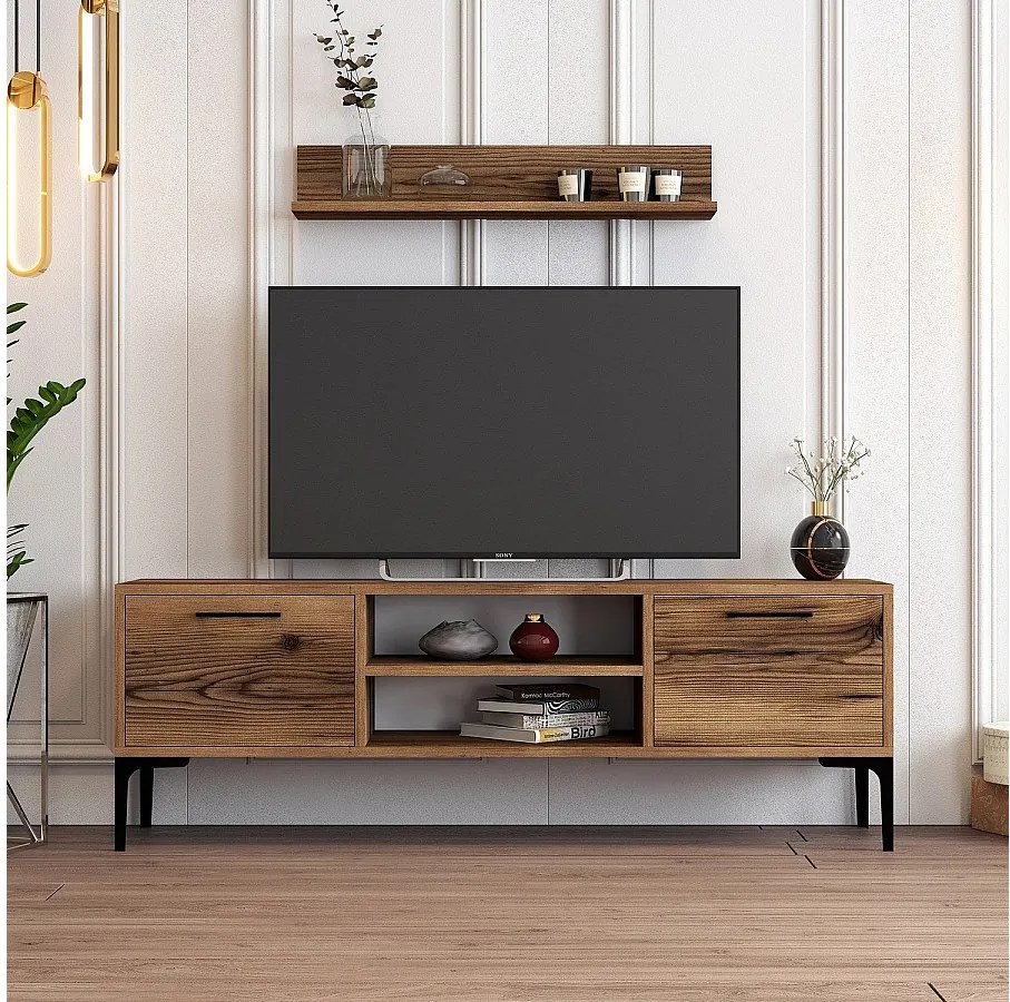 Stojak pod telewizor z orzecha włoskiego z metalowymi nogami – szerokość 140 cm – grubość 18 mm – płyta wiórowa pokryta melaminą