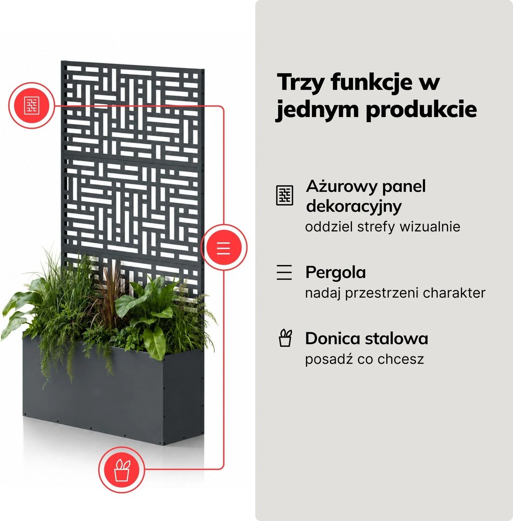 Pergola ogrodowa metalowa z donicą antracytowa 3in1, 900x1800x300 mm: ROSE