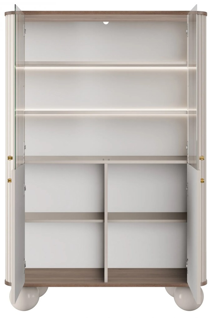 Witryna Vesper 103 cm czterodrzwiowa - kaszmir / orzech / złote uchwyty / nogi kule