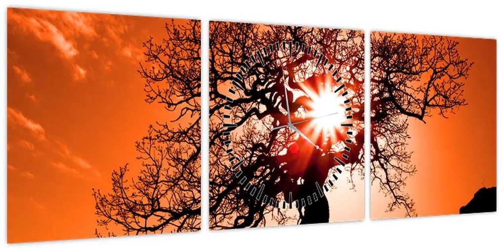 Obraz - Dąb o zachodzie słońca (z zegarem) (90x30 cm)