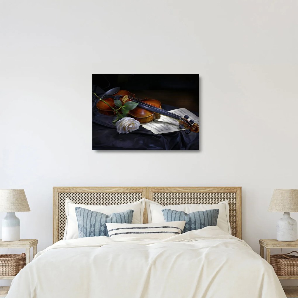 Obraz na szkle - Róże i skrzypce (70x50 cm)
