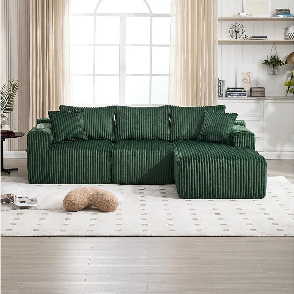 Sofa 3-osobowa, tapicerowana z kieszeniami bocznymi i uchwytami na kubki – zielony sztruks