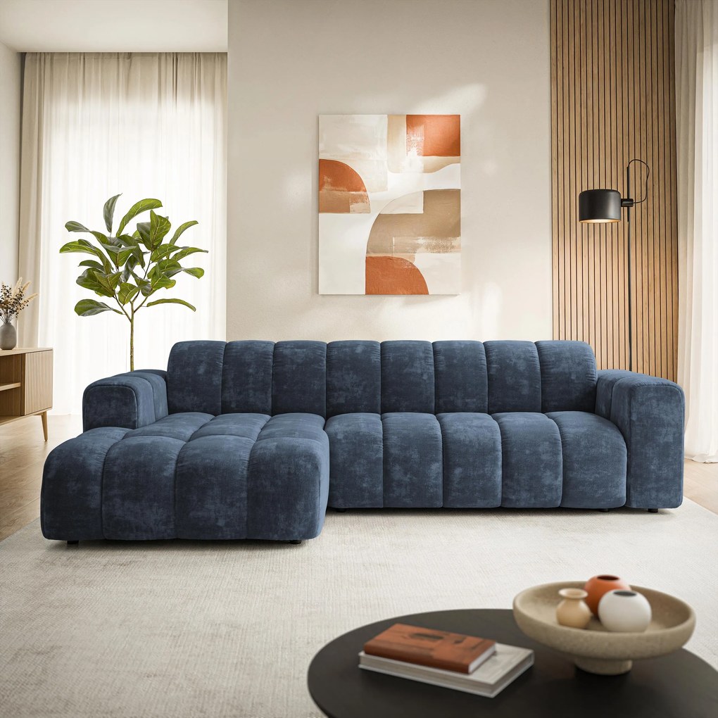 Masseno Narożnik SETIA Lewostronny, L-Kształtny, Nowoczesna Sofa narożna, Tkanina Szenilowa - Niebieski, LUMO 05