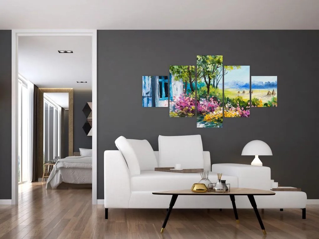 Obraz ogrodu przed domem, obraz olejny (125x70 cm)