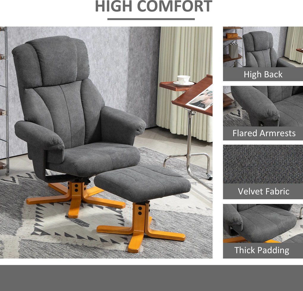 HOMCOM Regulowany fotel z pufą z wysokim oparciem i drewnianą ramą do salonu, sypialni, Ciemnoszary