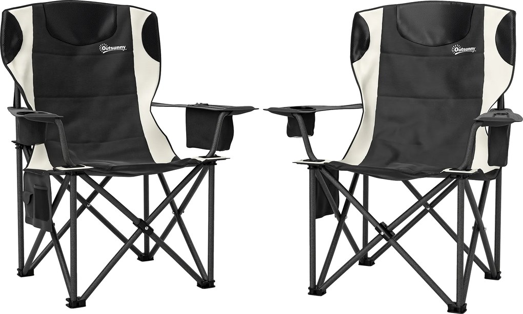 Outsunny Zestaw 2 Składanych Krzeseł Kempingowych z Podłokietnikami, Uchwytem na Napój i Chłodziarką, Czarne