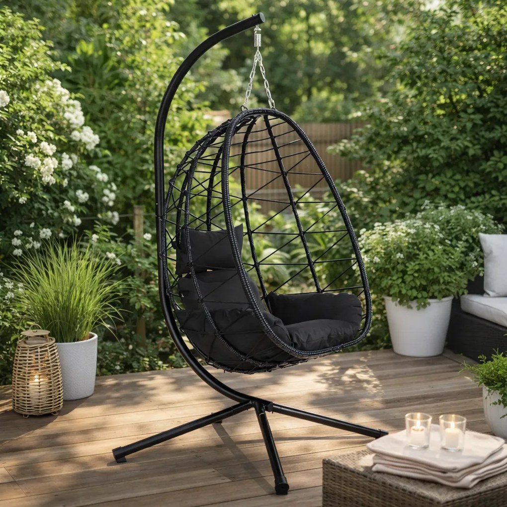 Fotel ogrodowy kokon wiszący Florino, ze stelażem, technorattan czarny