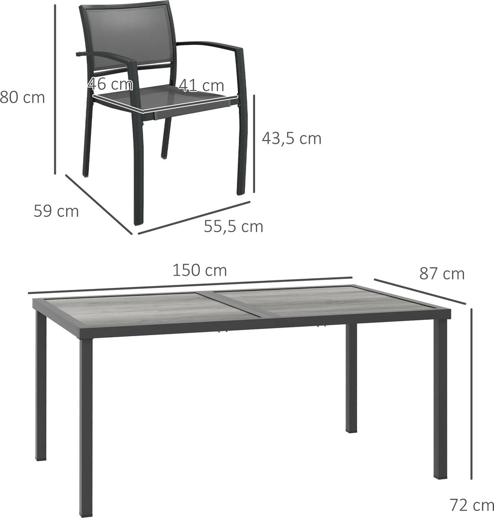 Outsunny Zestaw mebli ogrodowych, zestaw krzeseł ogrodowych, 1 stół, 4 krzesła, 150 x 87 x 72 cm, Szary