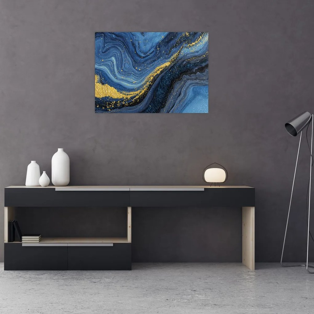 Obraz na szkle - Niebiesko-złota abstrakcja (70x50 cm)