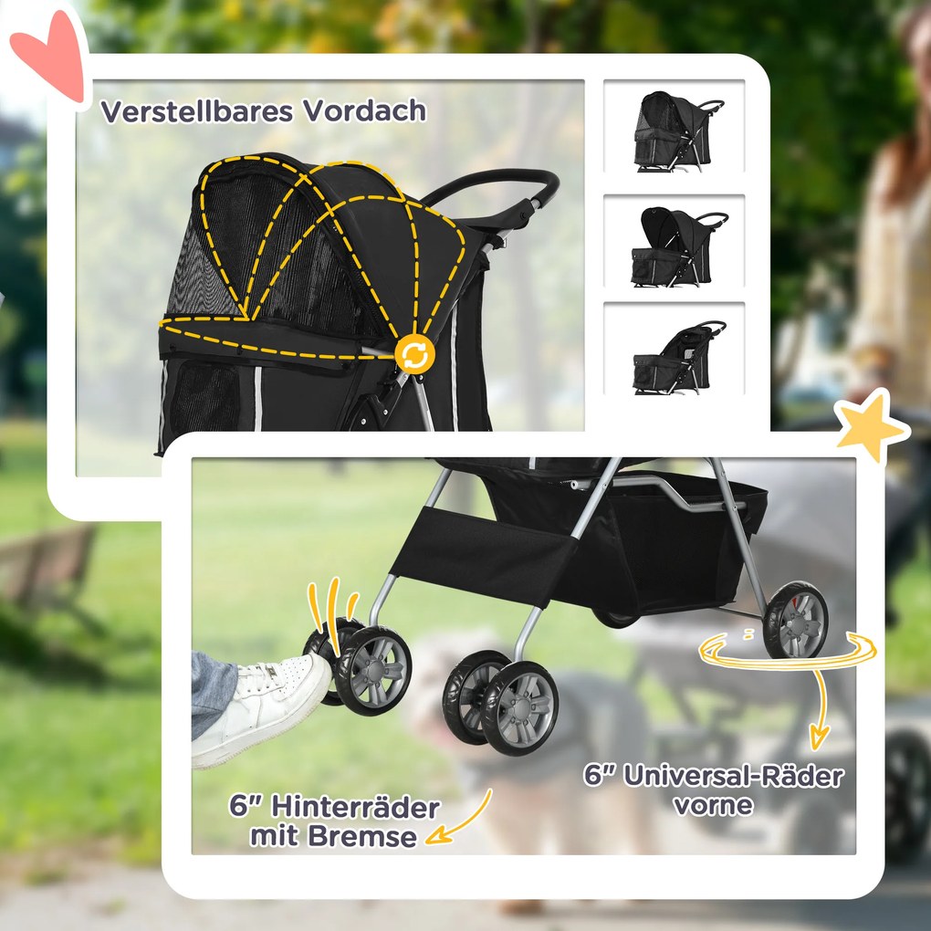 PawHut Wózek dla psów składany z uchwytem na kubek i daszkiem przeciwsłonecznym, czarny