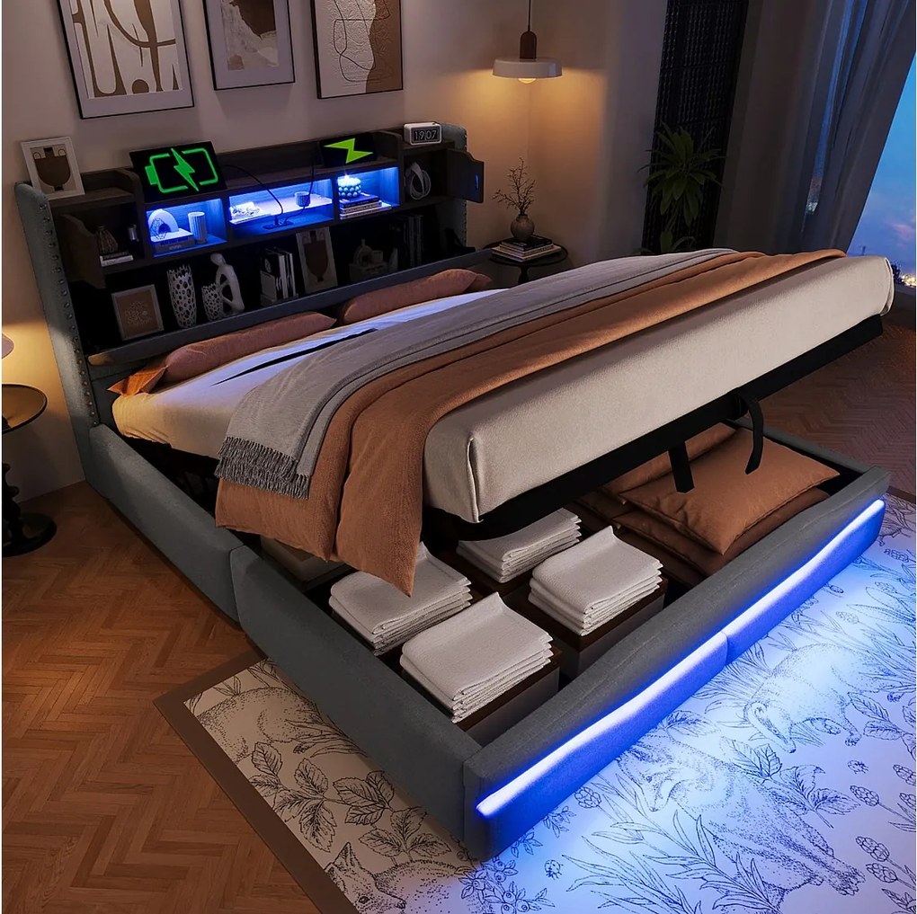 Łóżko tapicerowane z pojemnikiem - 160 x 200 cm - z USB-C + diodami LED - zagłówek ze schowkiem - len + płyta MDF - szare