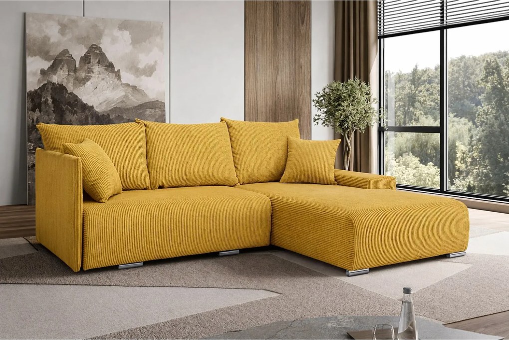 Narożnik, Sofa w kształcie L, tkanina sztruksowa Poso, Żółty, Prawy, Livorno L