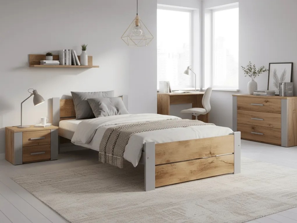 Łóżko IKAROS DOUBLE 90 x 200 cm, dąb artisan/szary Stelaż: Ze stelażem listwowym rolowanym, Materac: Materac Deluxe 10 cm