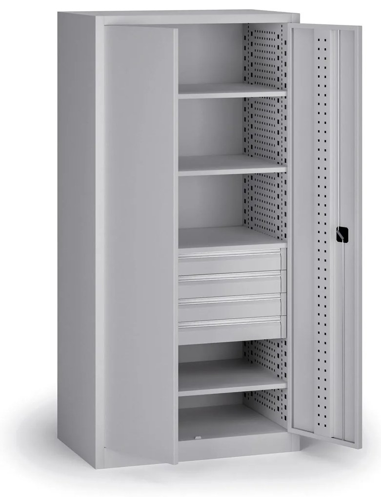 Szafa warsztatowa na narzędzia KOVOS, 4 półki, 4 szuflady, perforowana, 950 x 600 x 1950 mm, szary