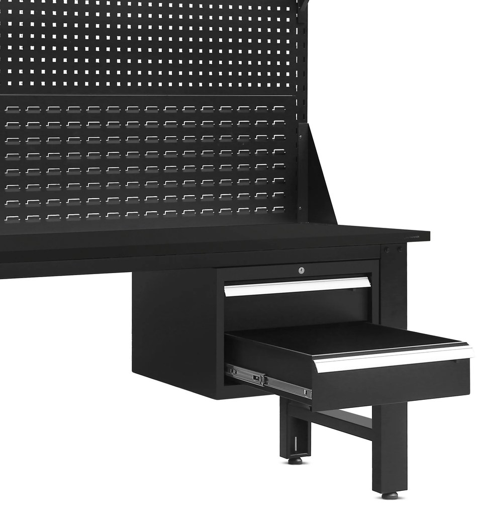 Biurko warsztatowe z perforowaną tablicą czarne, 1500x1700x750 mm: LOGAN All Black