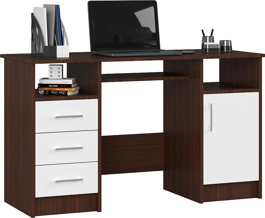 Biurko AKORD ANA Wenge 124 cm biurko komputerowe 1 drzwi 3 szuflady kolor Biały mat 5 półek 124x52x74 cm