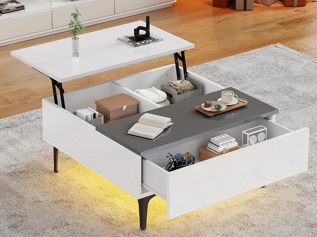 Stolik kawowy 70x70x35 cm - regulowana wysokość - z przechowywaniem + półkami - biały