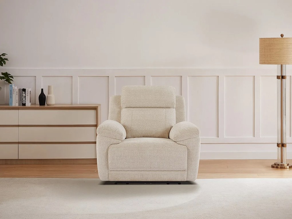 Fotel z elektryczną funkcją relax i beżową melanżową tapicerką - KELUNO