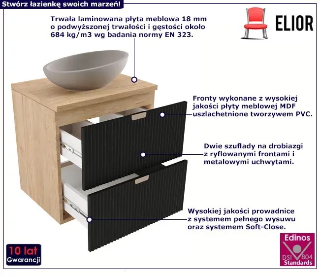 Ryflowana szafka pod umywalkę z blatem czarny + orzech K2-P96