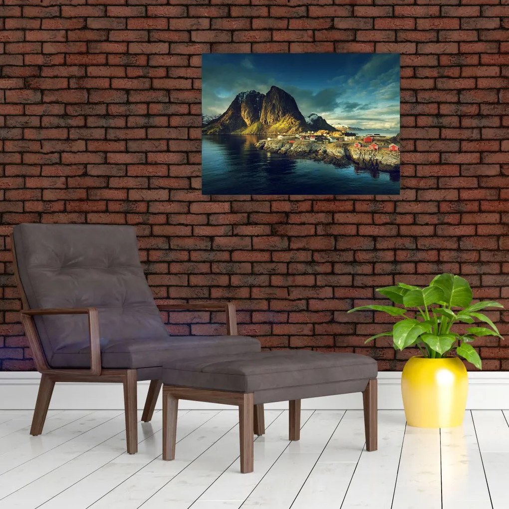 Obraz na szkle wioski rybackiej w Norwegii (70x50 cm)
