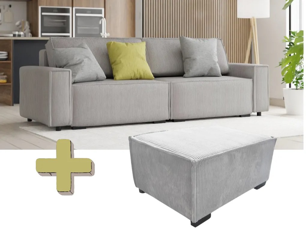 Rozkładana sofa trzyosobowa z pufem SMART SET, jasnoszara