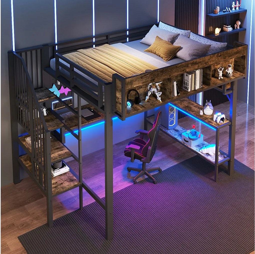 Łóżko piętrowe dla dzieci - 140 x 200 cm - z biurkiem + portem USB + oświetleniem LED + półkami + drabinką - drewno - czarne