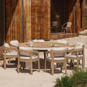 Zestaw Okrągłych Stołów Riviera O Średnicy 180 Cm Z Drewna Tekowego I Aluminium Oraz 8 Krzeseł Ogrodowych Uleno Z Drewna Akacjow Drewno Tekowe - Sklum