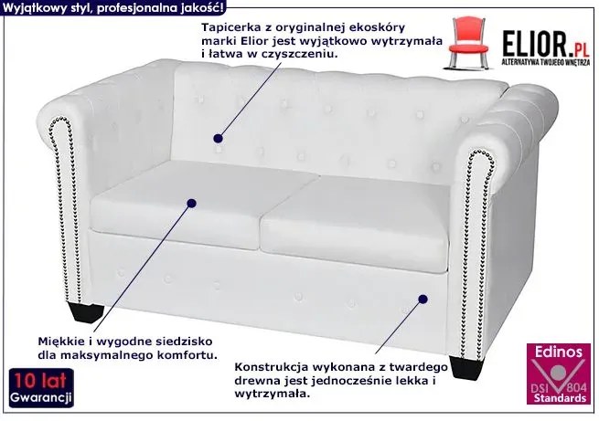 2-osobowa biała sofa w stylu Chesterfield - Charlotte 2Q