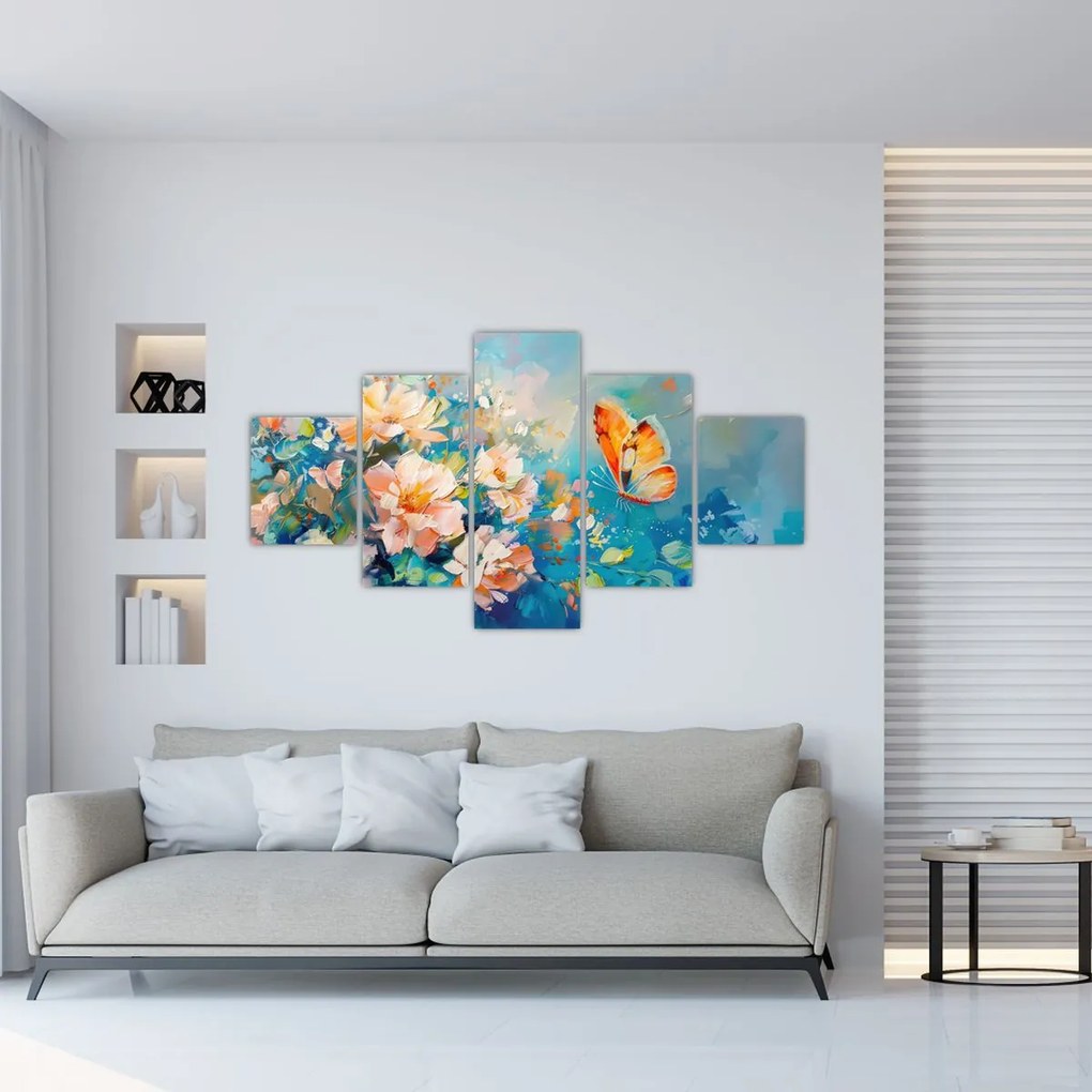 Obraz - Motyl i kwiaty, obraz olejny II. (125x70 cm)