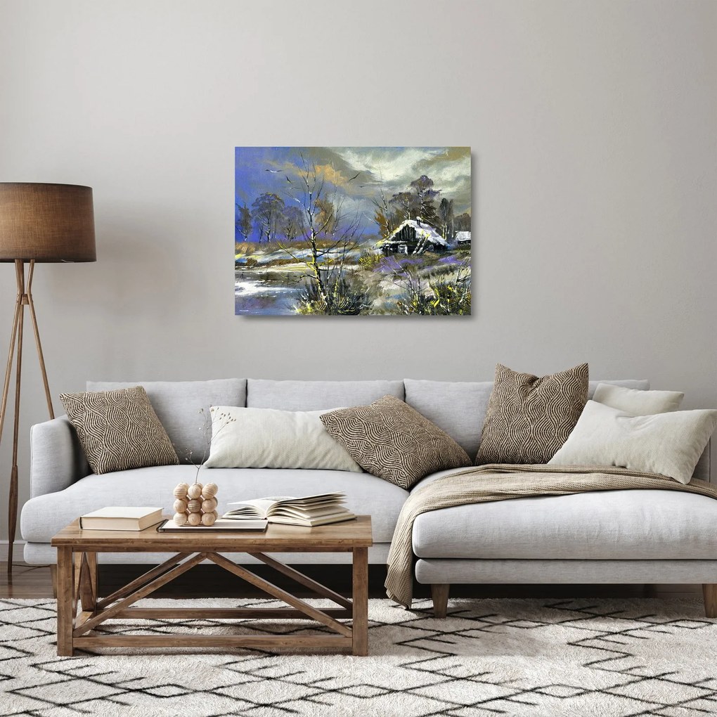 Obraz na szkle chaty w zimowym krajobrazie, obraz olejny (70x50 cm)