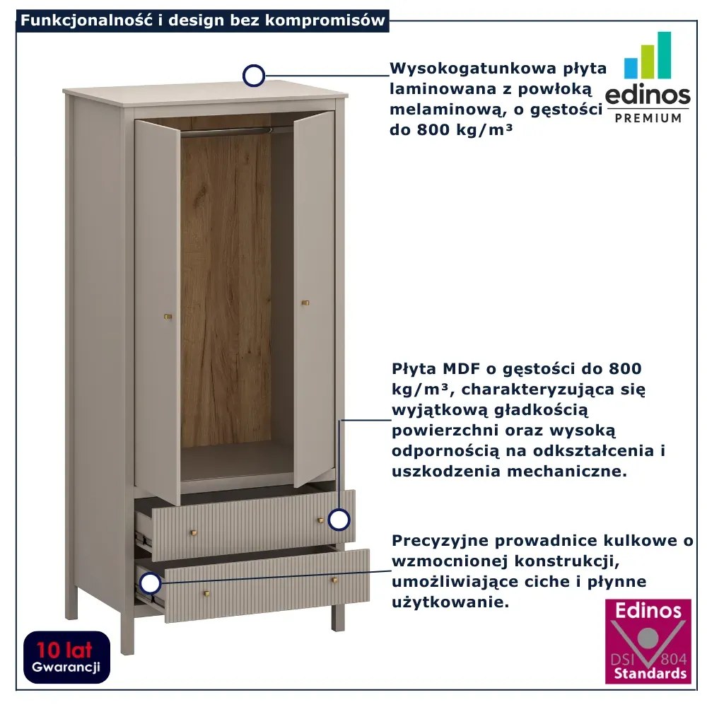 Szafa dwudrzwiowa z drążkiem i szufladami taupe D8-D61