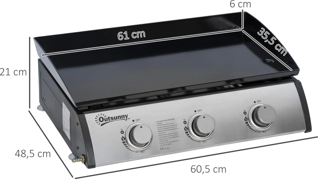 Outsunny Grill Gazowy z 3 Palnikami, Wężem, Antyadhezyjną Płytą Grillową, Stal Nierdzewna, Kolor: Srebrny, 63 x 48 x 21 cm