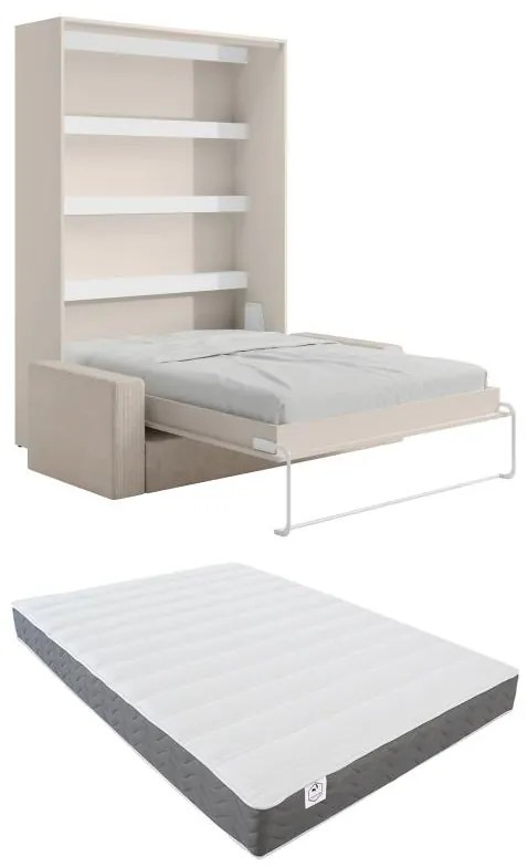 Łóżko chowane w szafie 140 x 200 cm - Otwierane pionowo manualnie - Z oświetleniem LED - Beżowe + Materac + Kanapa - RAPILI