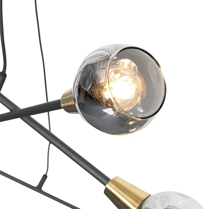 Lampa wisząca czarna z mosiądzem i przydymionym szkłem 6 lamp - Vidro Nowoczesny Oswietlenie wewnetrzne