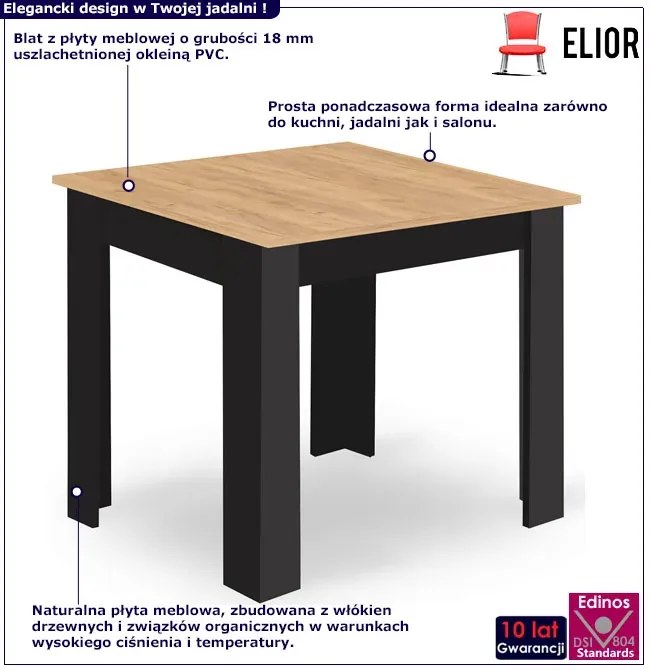 Kwadratowy stół 80x80 dąb artisan + czarny - Silio 3X