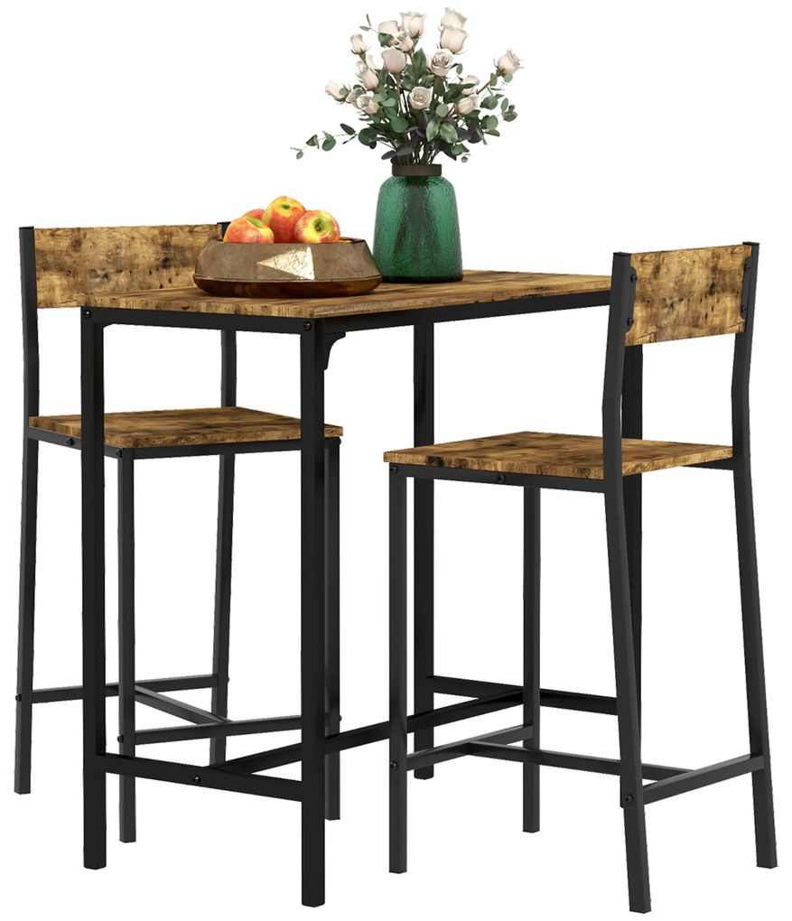HOMCOM 3-częściowy zestaw barowy, stół barowy, 2 krzesła, MDF, stalowy stelaż, wodoodporny, brązowy