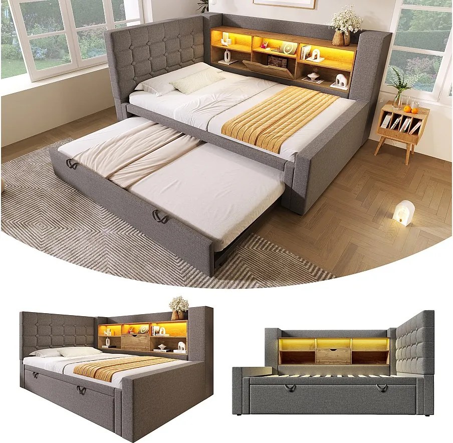 Łóżko tapicerowane 90 x 200 cm z wysuwaną sofą 90 x 190 cm - z oświetleniem LED + zagłówek ze schowkiem - len - szary