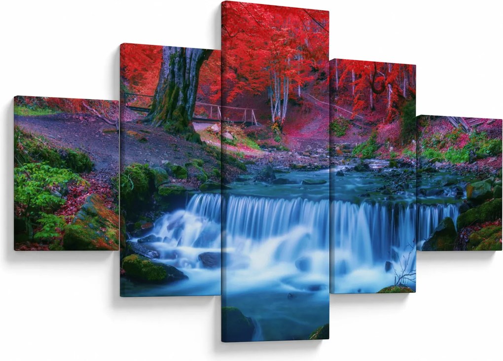 Obraz wodospadu w czerwonym lesie (125x70 cm)